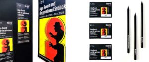 Eintrittskarten, Merchandise, Poster, Marketing Material für Ausstellung Aiga Rasch und die drei Fragezeichen, gestaltet Design Agentur Köln