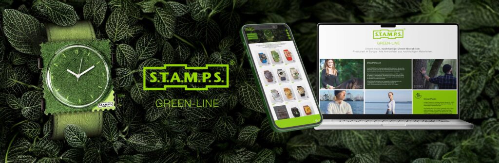 Webdesign der Landingpage für S.T.A.M.P.S. Uhren der neuen Green Line